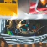 Plastikowe dinozaury i samochodziki posegregowane w pudełku w pokoju