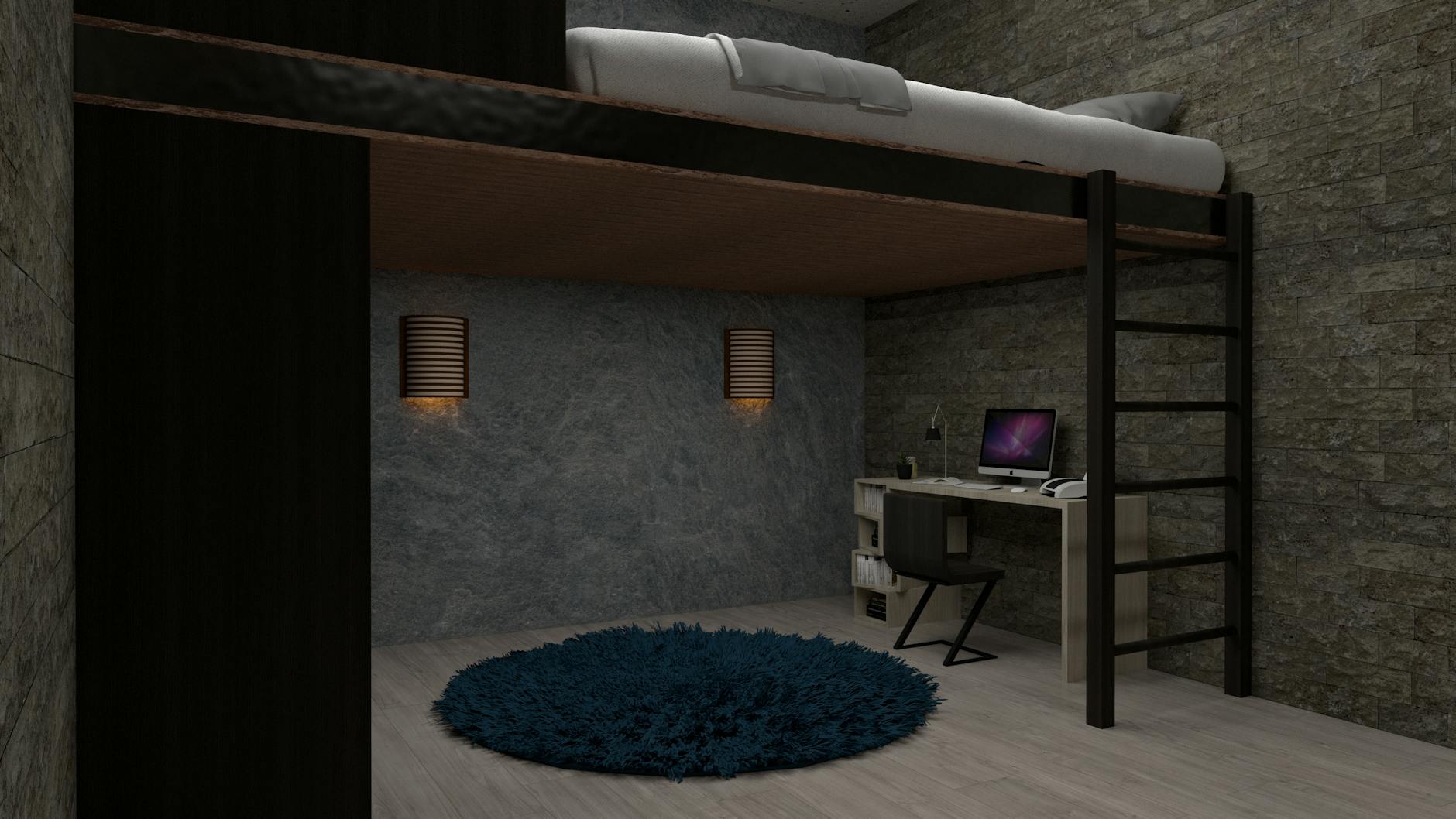 Nowoczesna sypialnia typu loft z biurkiem i przytulnymi dodatkami