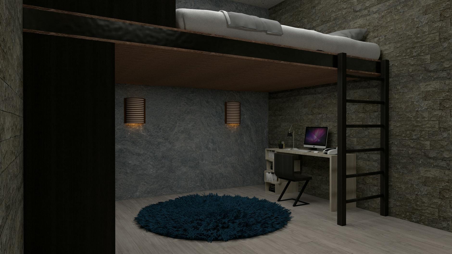 Nowoczesny pokój nastolatka na antresoli z biurkiem i przytulnym wystrojem