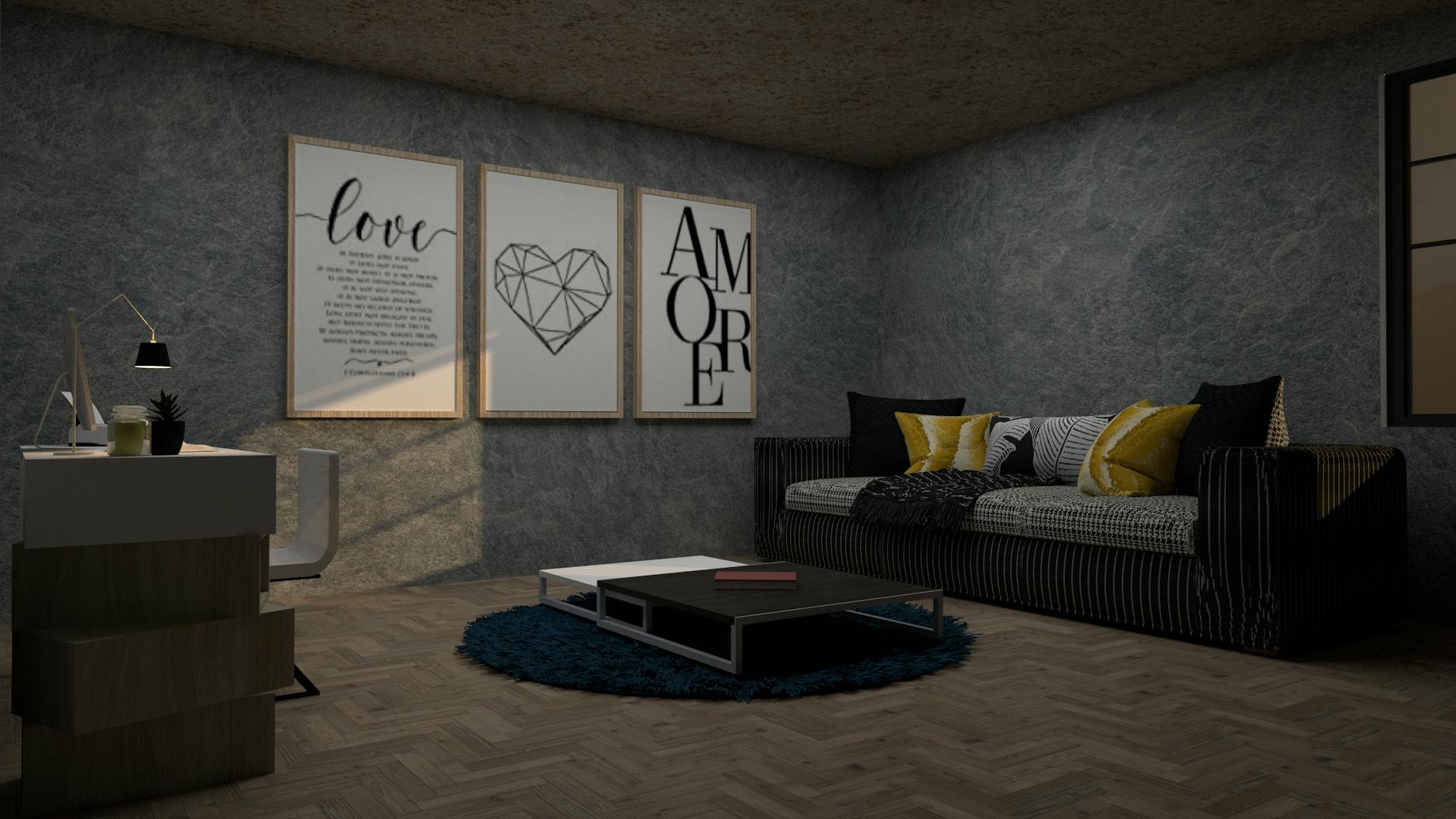 Nowoczesny salon z wygodną sofą, obrazami na ścianie i stonowanymi tekstyliami